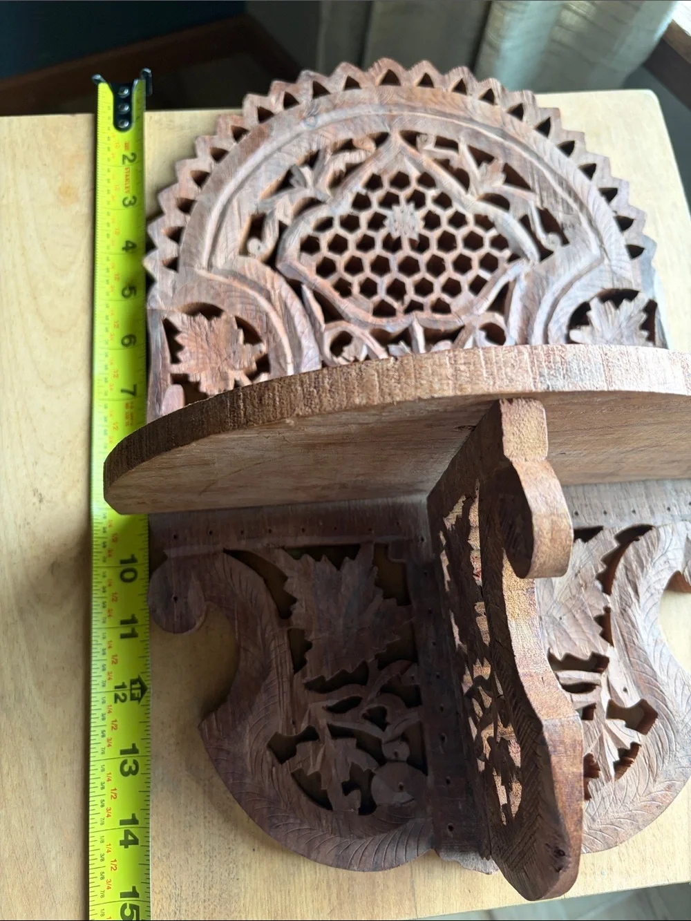 Hand-Carved Brown Wooden Wall Shelf